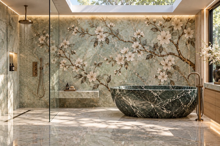 Bathroom with a floral marble mosaic wall