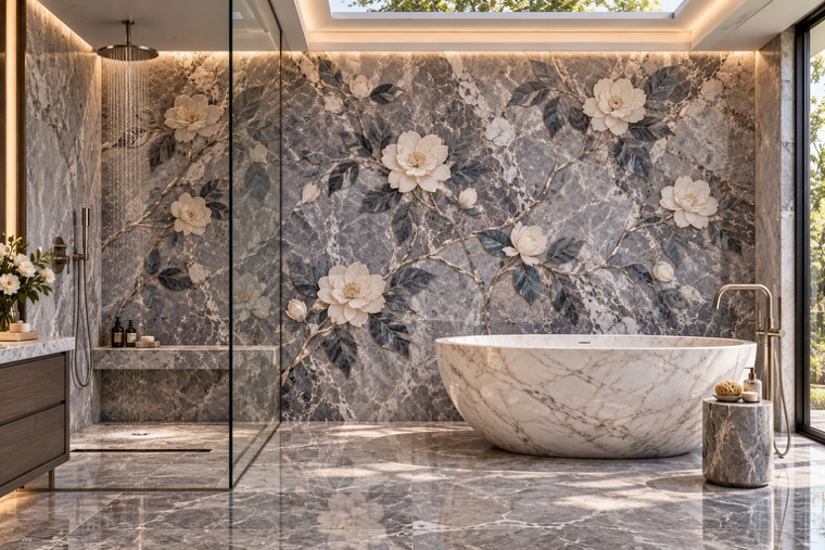 Bathroom with a floral marble mosaic wall