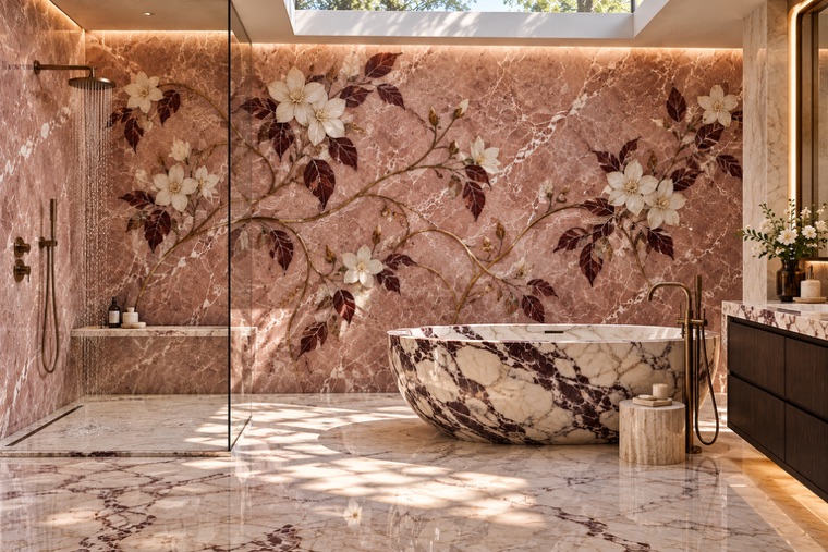 Bathroom with a floral marble mosaic wall