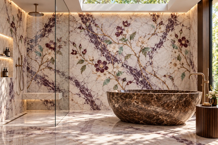 Bathroom with a floral marble mosaic wall