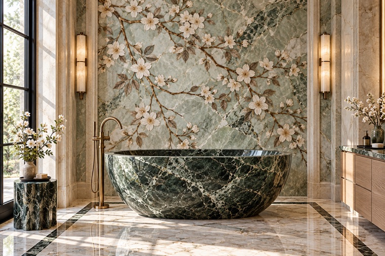 Bathroom with a floral marble mosaic wall