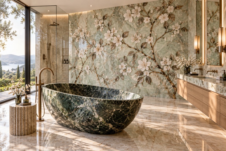 Bathroom with a floral marble mosaic wall