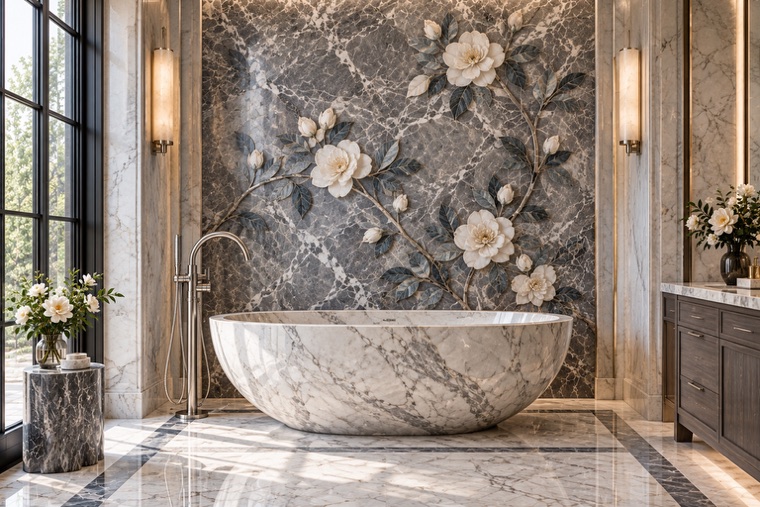 Bathroom with a floral marble mosaic wall