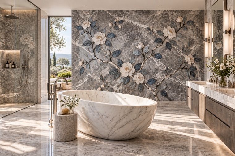 Bathroom with a floral marble mosaic wall