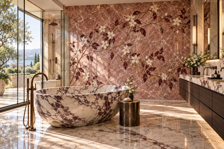 Bathroom with a floral marble mosaic wall