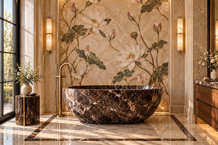 Bathroom with a floral marble mosaic wall