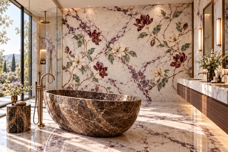 Bathroom with a floral marble mosaic wall