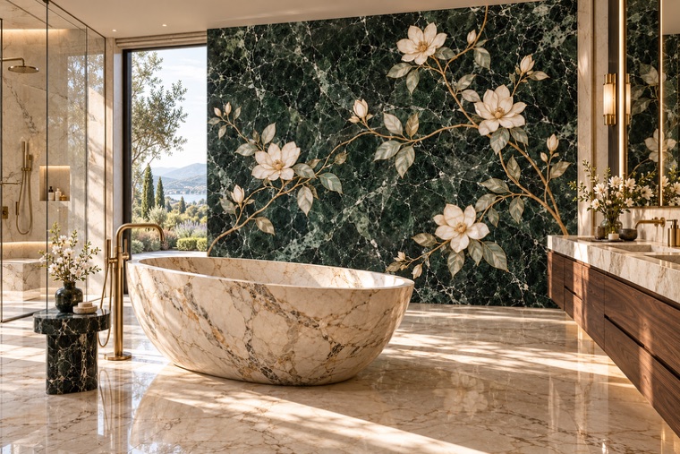 Bathroom with a floral marble mosaic wall
