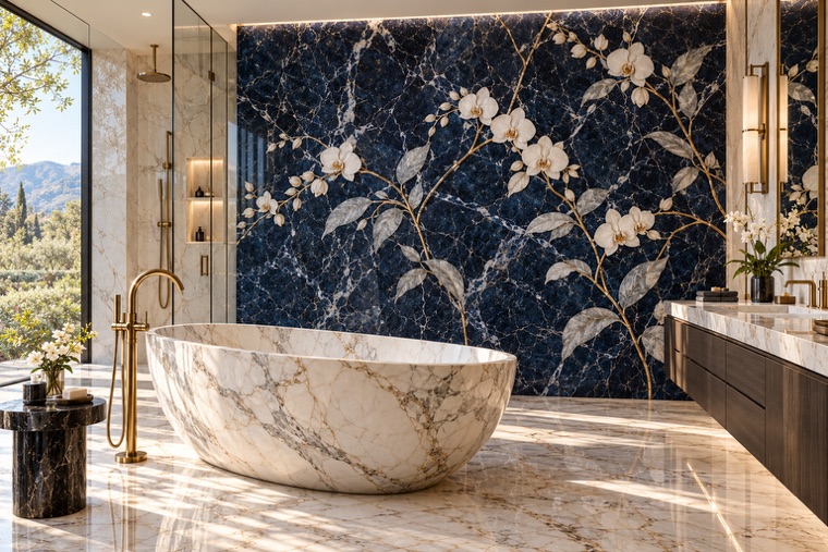 Bathroom with a floral marble mosaic wall