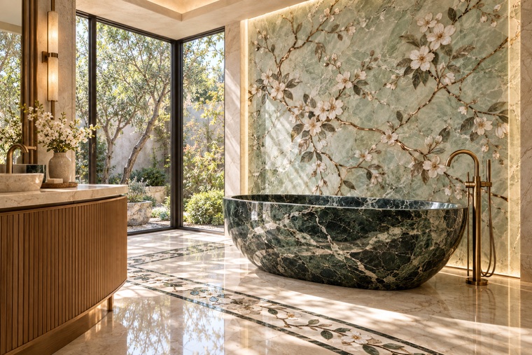 Bathroom with a floral marble mosaic wall