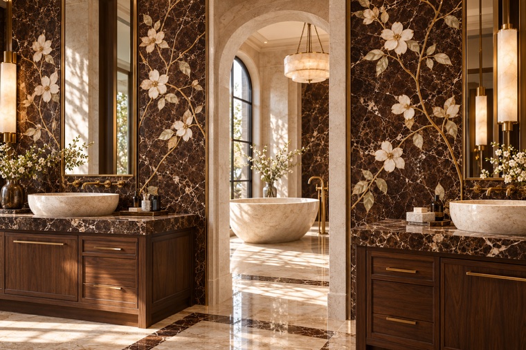 Bathroom with a floral marble mosaic wall