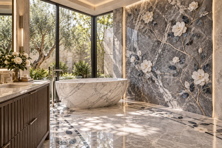 Bathroom with a floral marble mosaic wall