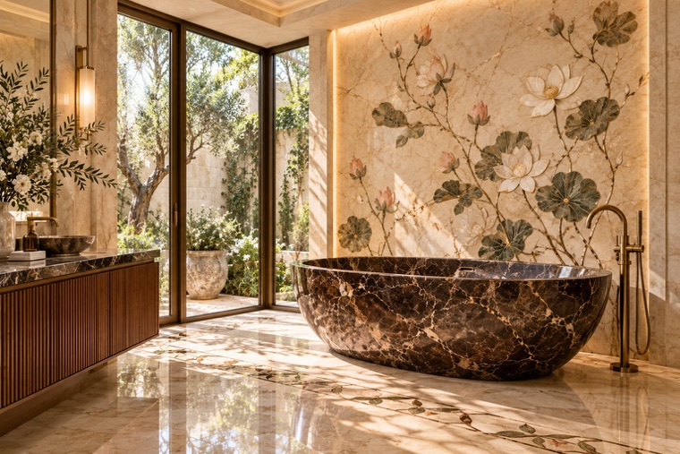 Bathroom with a floral marble mosaic wall