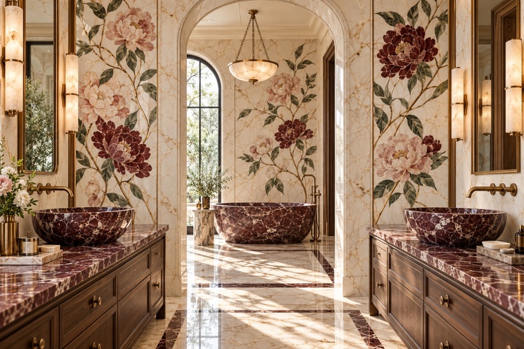 Bathroom with a floral marble mosaic wall
