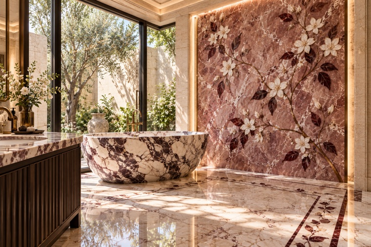 Bathroom with a floral marble mosaic wall