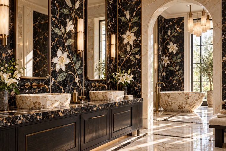 Bathroom with a floral marble mosaic wall