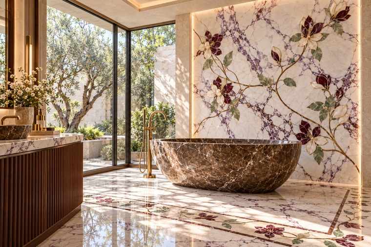 Bathroom with a floral marble mosaic wall