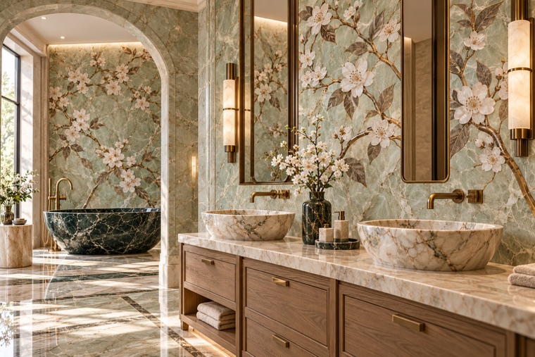 Bathroom with a floral marble mosaic wall
