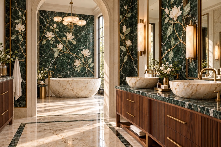 Bathroom with a floral marble mosaic wall