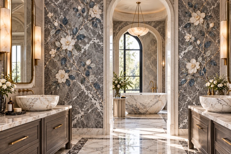 Bathroom with a floral marble mosaic wall