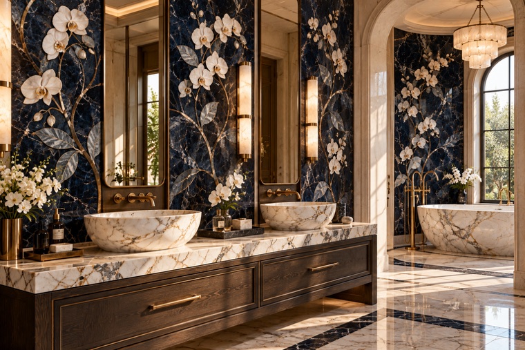 Bathroom with a floral marble mosaic wall