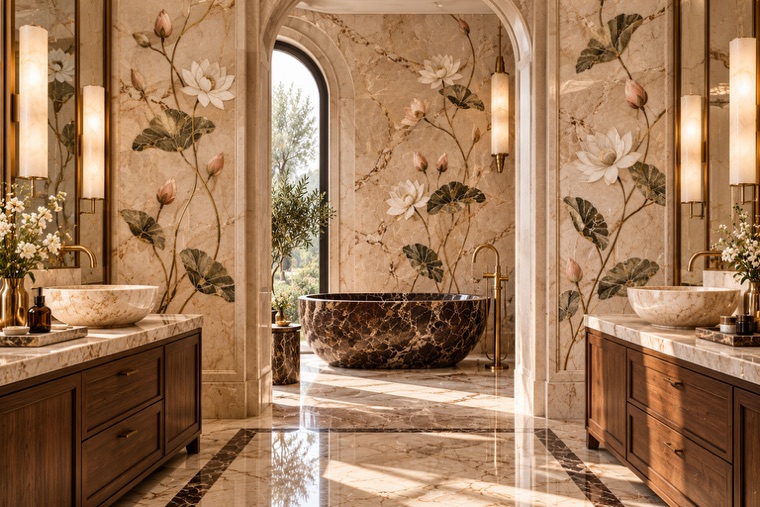 Bathroom with a floral marble mosaic wall