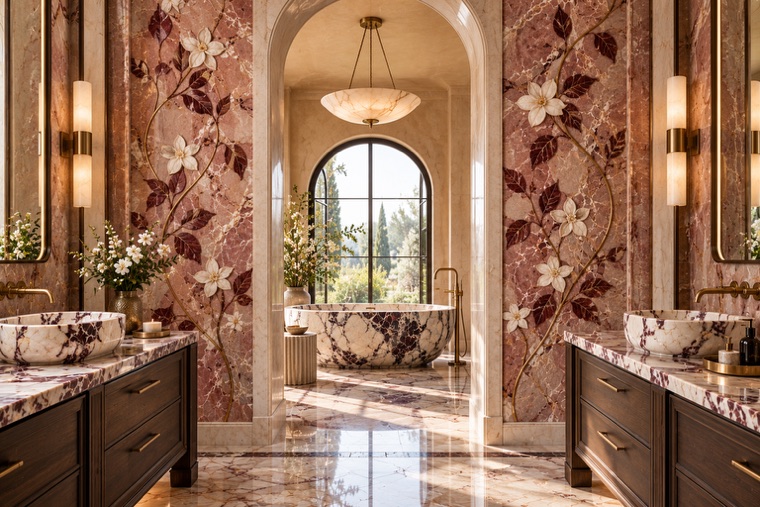 Bathroom with a floral marble mosaic wall