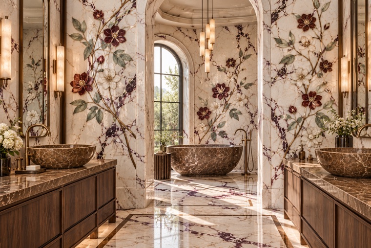 Bathroom with a floral marble mosaic wall