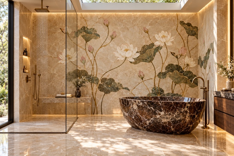 Bathroom with a floral marble mosaic wall
