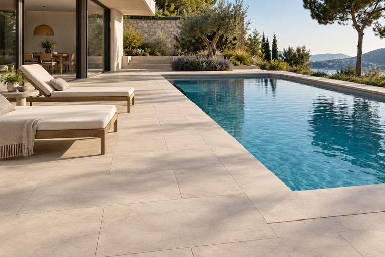 Ivory Pavers by a Modern Pool