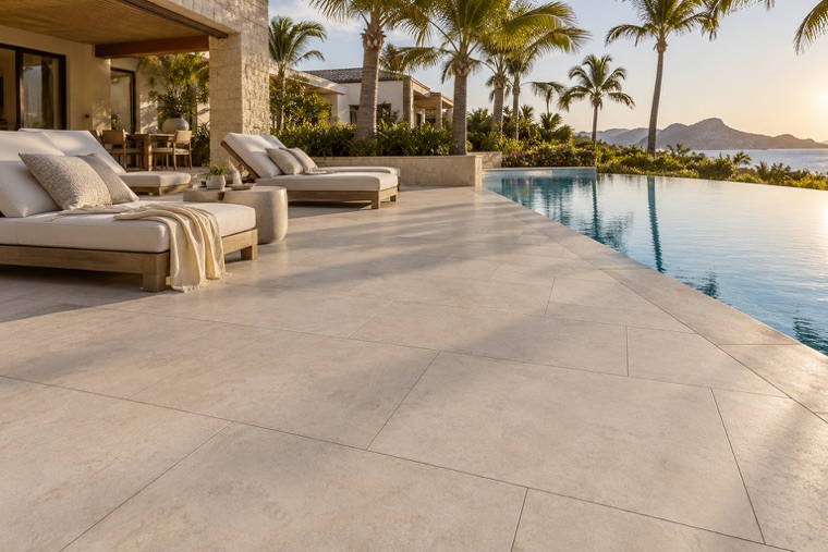 Ivory pavers on a palm-lined pool terrace