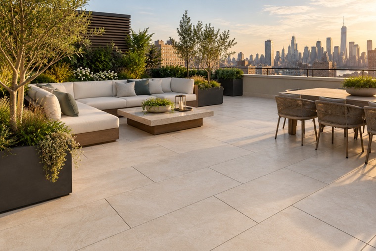 Ivory Pavers Framing a Rooftop Skyline