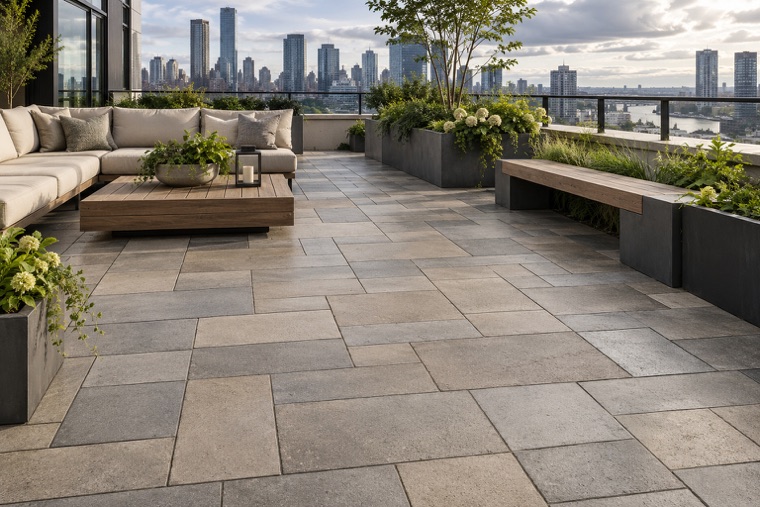 Rain-kissed rooftop paver terrace