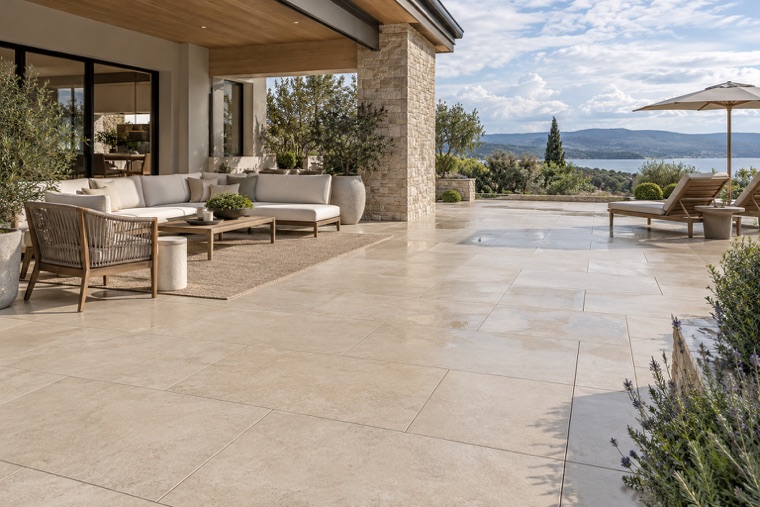 Ivory paver terrace after rain