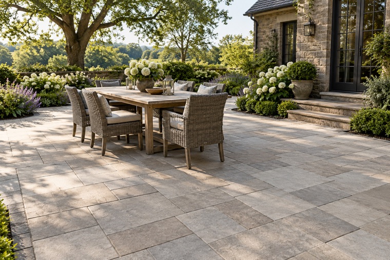 Ashlar Paver Patio with Flowering Borders