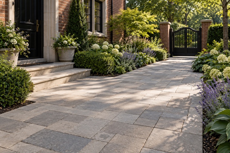 Ashlar paver path to the black gate