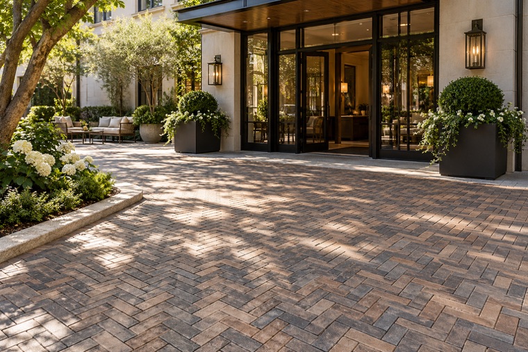 Boutique hotel forecourt with herringbone pavers