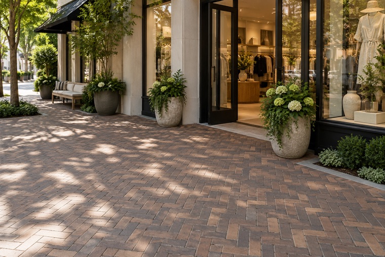 Boutique storefront framed by dappled brick pavers