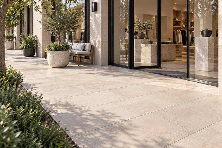 Boutique storefront with ivory porcelain pavers