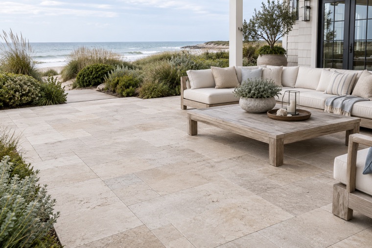 Coastal travertine patio by the dunes