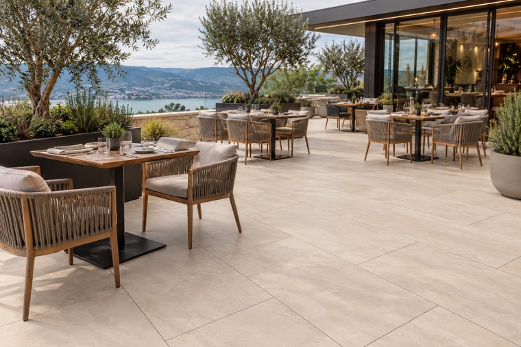 Contemporary Restaurant Terrace with Ivory Pavers