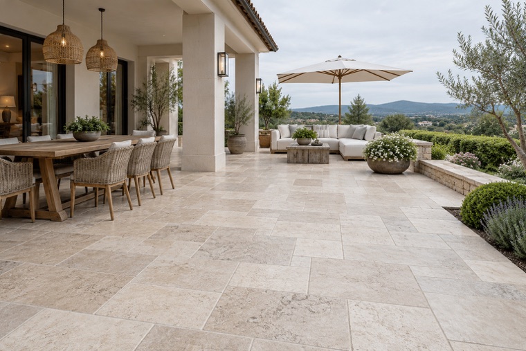 Contemporary Veranda with French-Pattern Paving