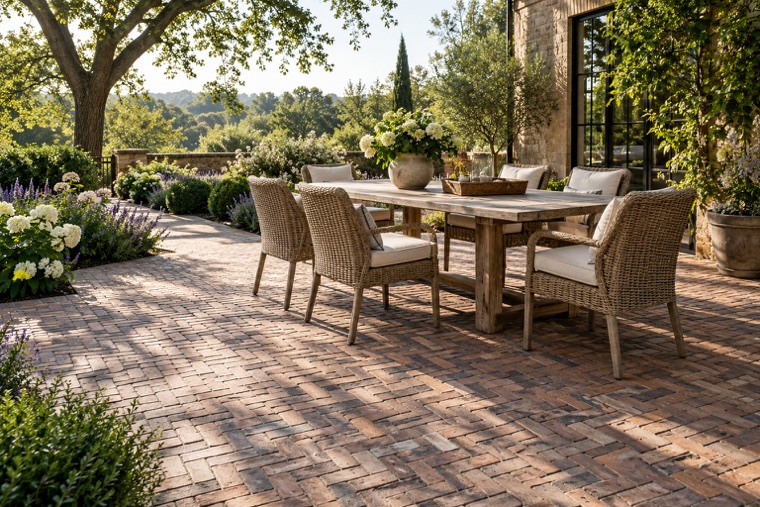 Country Garden Herringbone Patio in Morning Light