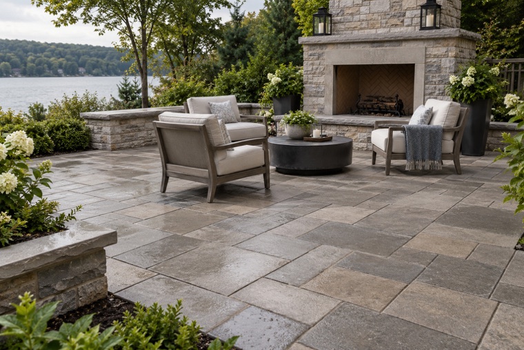 Elegant Fireplace Terrace with Ashlar Pavers