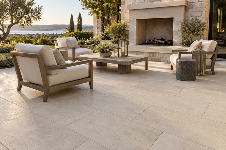 Elegant Fireplace Terrace with Ivory Pavers