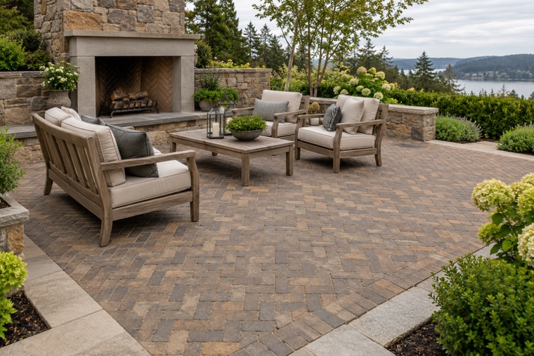 Elegant Herringbone Fireplace Terrace