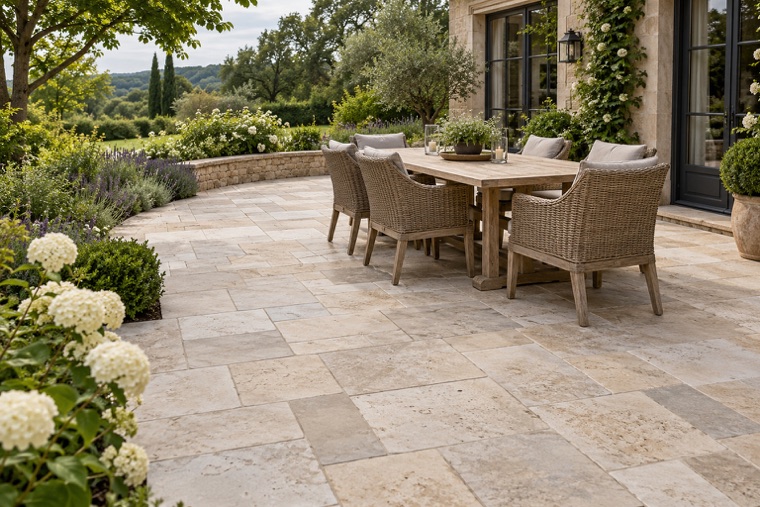 French-pattern travertine garden patio