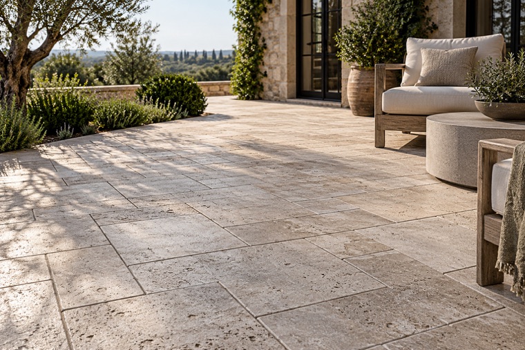 French-pattern travertine patio in morning light