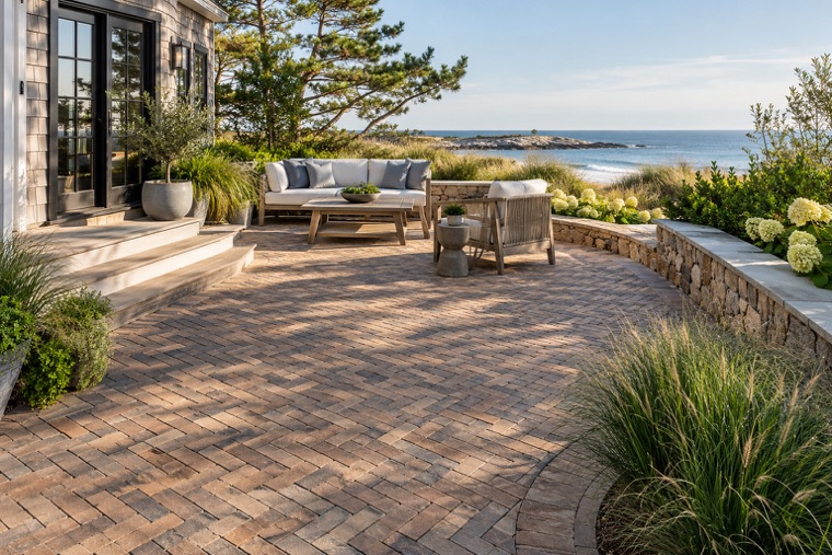 Herringbone pavers on a coastal patio