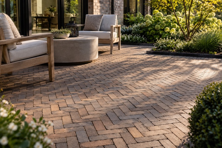 Herringbone terrace pavers with garden architecture
